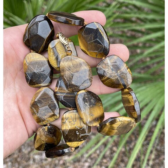 GSJ Signed 14k Gold Tigers Eye Necklace Chunk Stone Heavy Statement 18” Strand - Picture 9 of 9